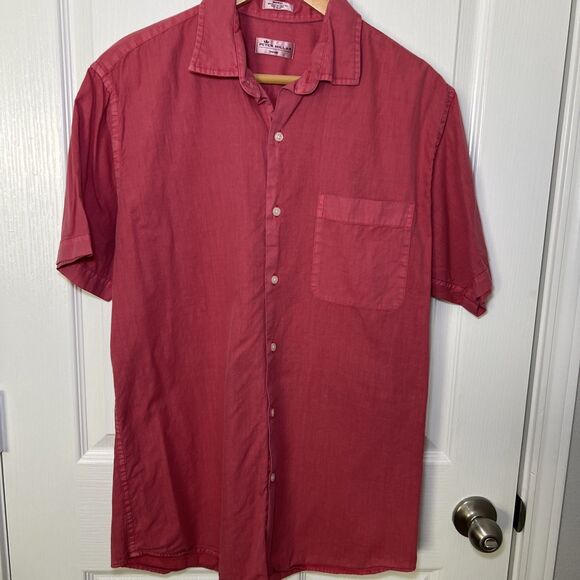 Peter Millar Seaside Button Up Shirt Mens Medium Short Sleeve Red Cotton Silk - Picture 1 of 9